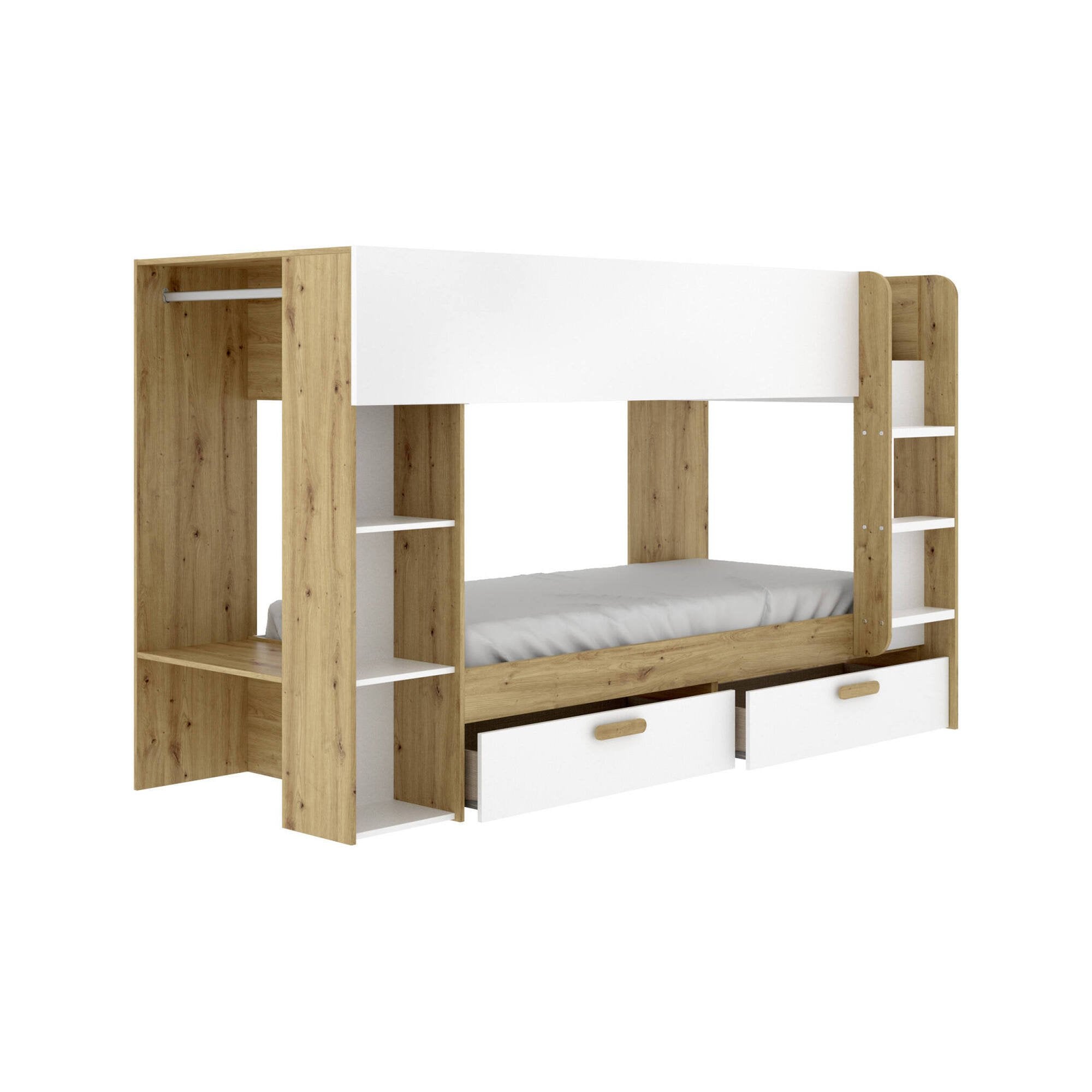 Composizione camera da letto Keli, Stanza da letto completa, Cameretta per bambini, Set per arredo a ponte, 245x110 h150 cm, Bianco e Rovere Nodi