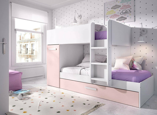Composizione camera da letto Hikaa, Stanza da letto completa, Cameretta per bambini, Set per arredo a ponte, 244x112 h150 cm, Bianco e Rosa