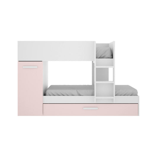 Composizione camera da letto Hikaa, Stanza da letto completa, Cameretta per bambini, Set per arredo a ponte, 244x112 h150 cm, Bianco e Rosa