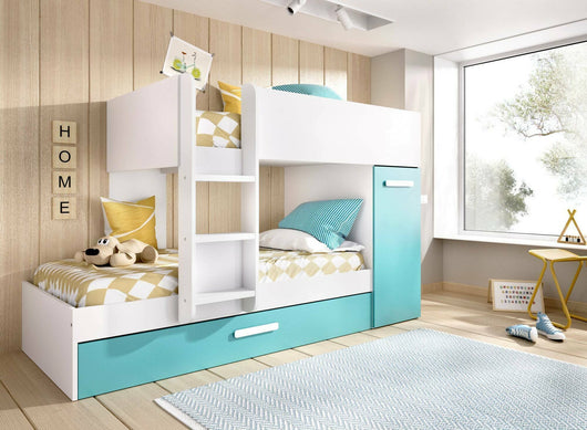 Composizione camera da letto Hikaa, Stanza da letto completa, Cameretta per bambini, Set per arredo a ponte, 244x112 h150 cm, Azzurro e Bianco