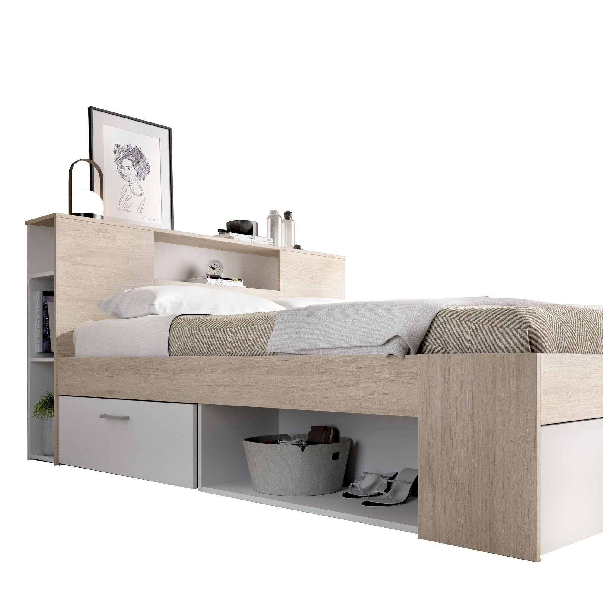 Letto alla francese Conching, Sommier per camera da letto, Giroletto per stanza, Struttura porta materasso, 150x219 h95 cm, Bianco e Rovere