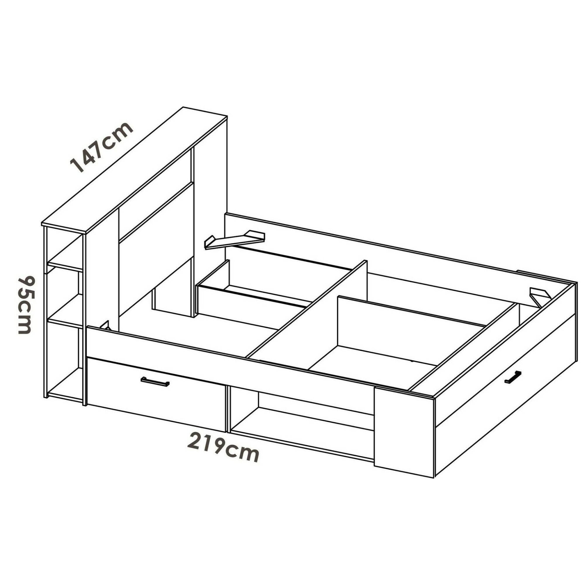 Letto alla francese Conching, Sommier per camera da letto, Giroletto per stanza, Struttura porta materasso, 150x219 h95 cm, Bianco e Rovere
