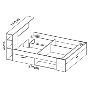 Letto alla francese Conching, Sommier per camera da letto, Giroletto per stanza, Struttura porta materasso, 150x219 h95 cm, Bianco e Rovere