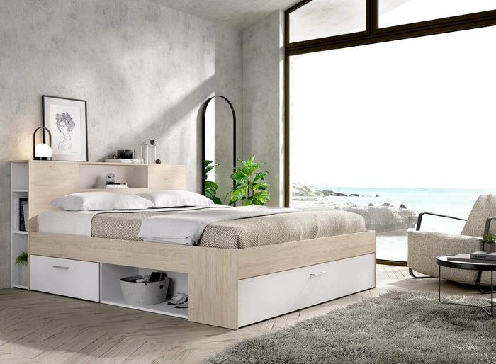 Letto alla francese Conching, Sommier per camera da letto, Giroletto per stanza, Struttura porta materasso, 150x219 h95 cm, Bianco e Rovere