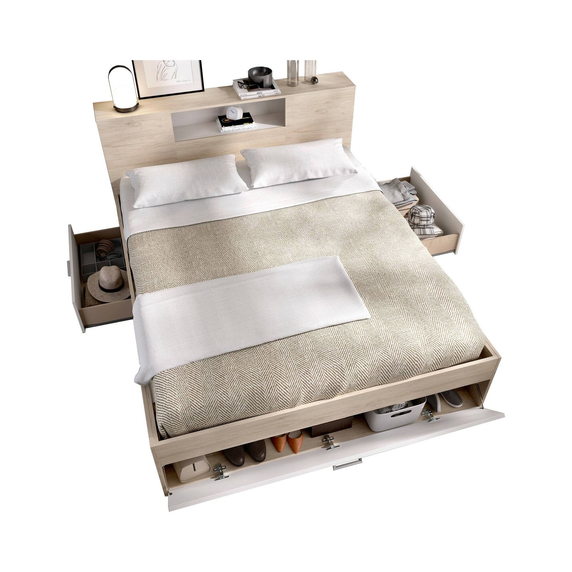 Letto alla francese Conching, Sommier per camera da letto, Giroletto per stanza, Struttura porta materasso, 150x219 h95 cm, Bianco e Rovere