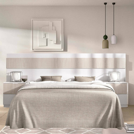 Testiera letto Trudy, Spalliera, Testata per camera da letto, Poggiatesta, 248x34 h96 cm, Bianco e Rovere