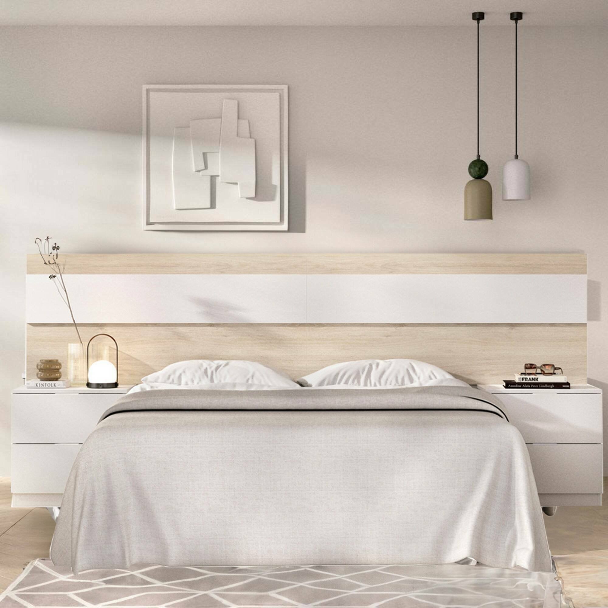 Testiera letto Trudy, Spalliera, Testata per camera da letto, Poggiatesta, 248x34 h96 cm, Rovere e Bianco