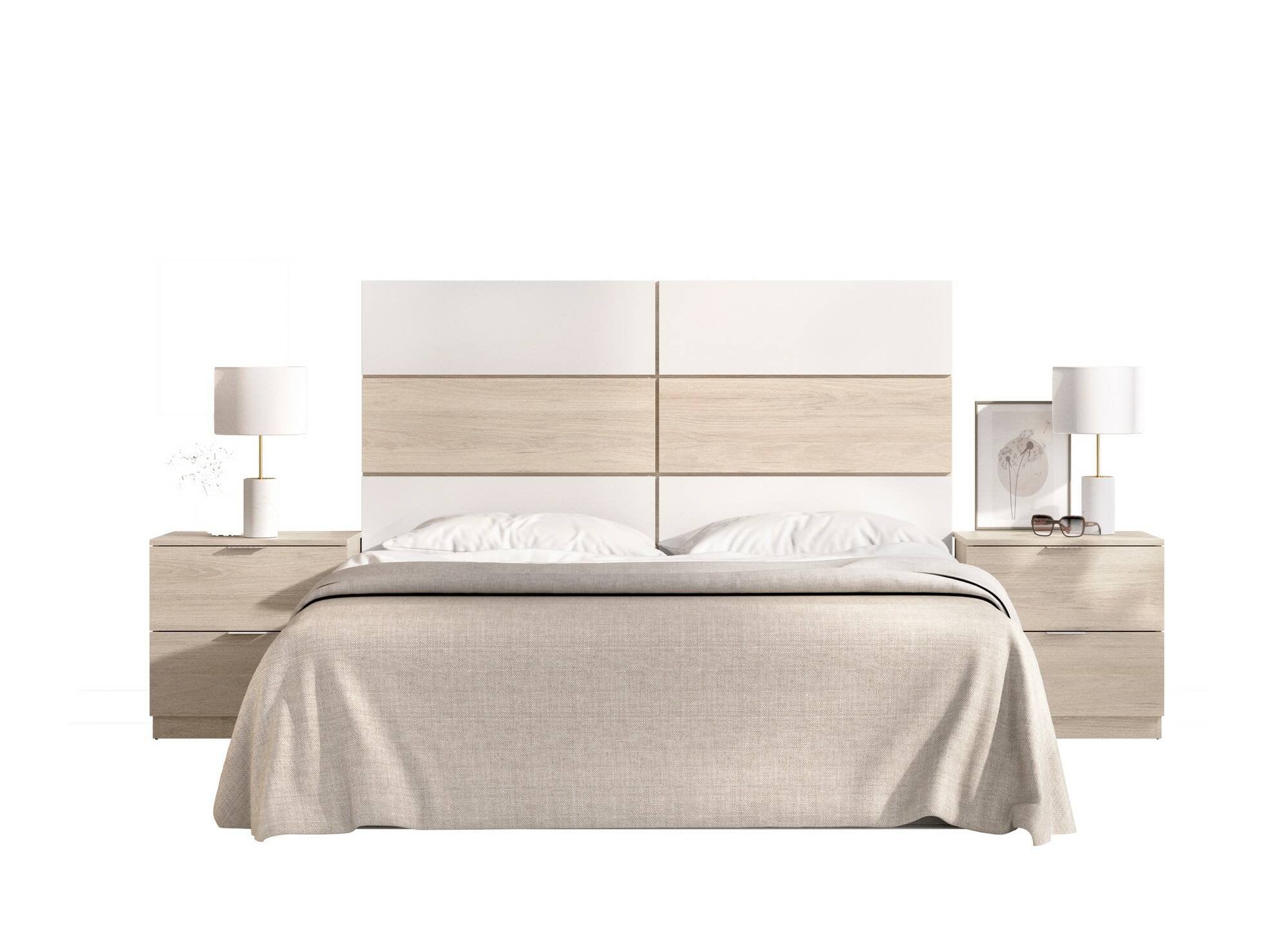Testiera lettoLucie, Spalliera, Testata per camera da letto, Poggiatesta, 259x34 h122 cm, Bianco e Rovere