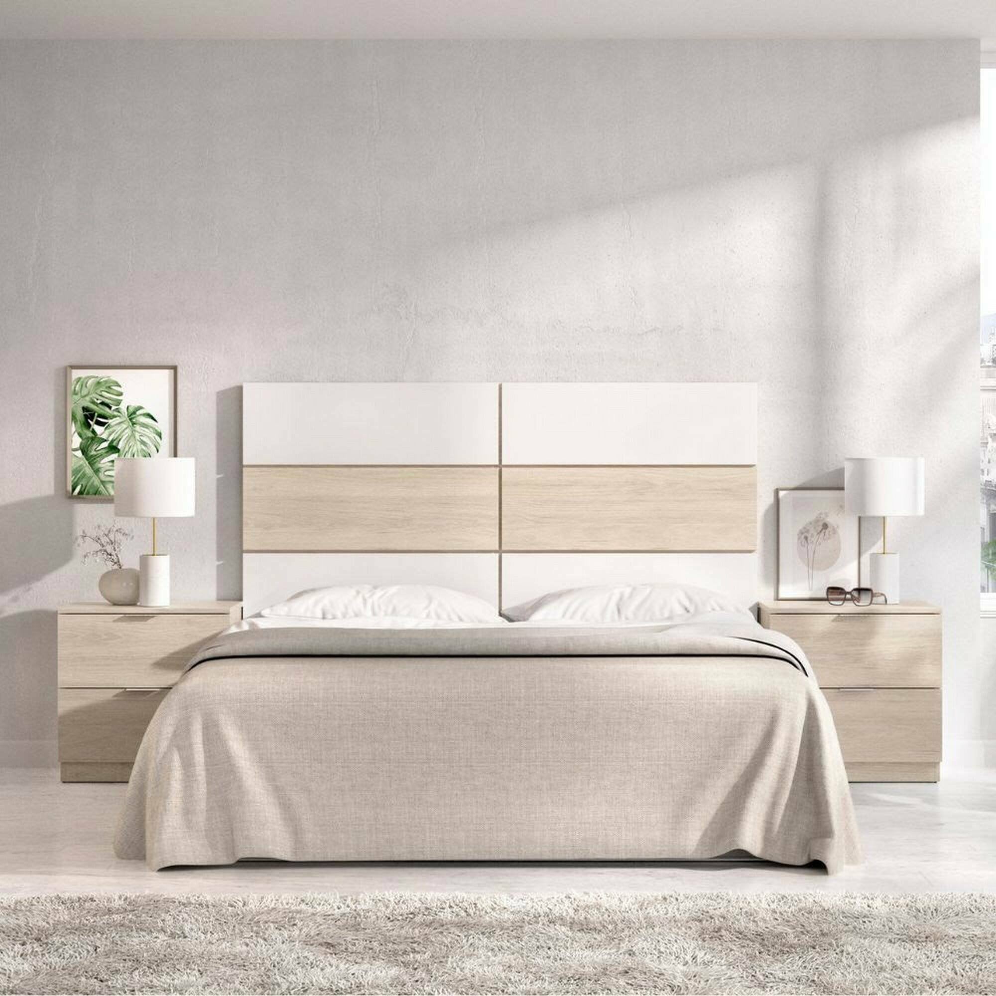 Testiera lettoLucie, Spalliera, Testata per camera da letto, Poggiatesta, 259x34 h122 cm, Bianco e Rovere