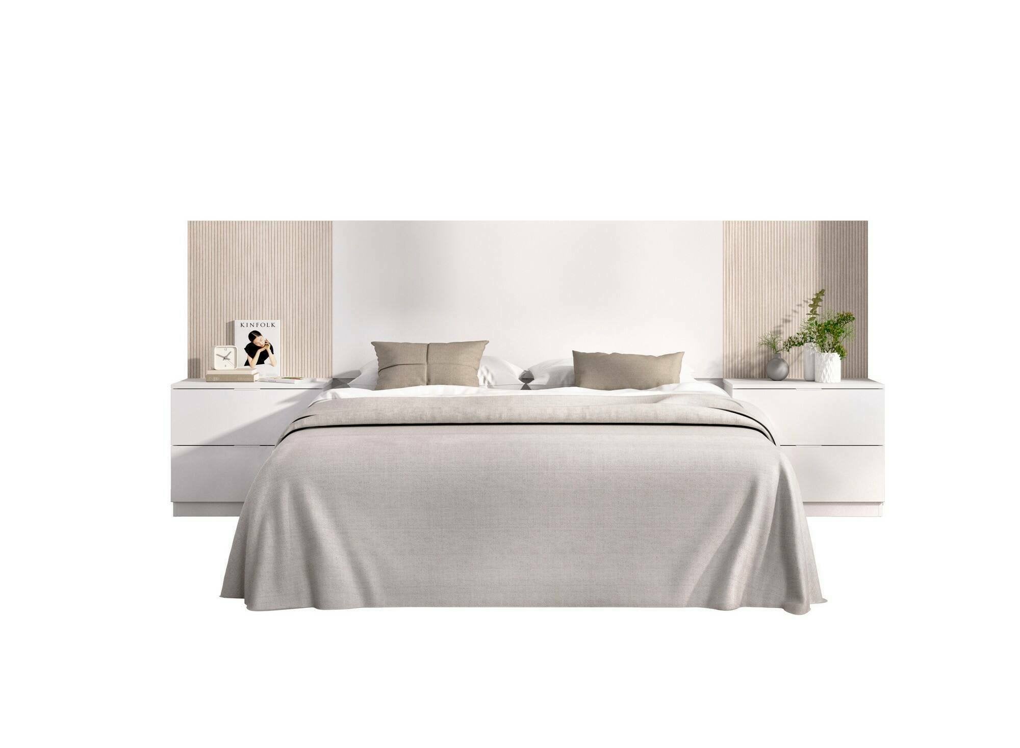 Testiera letto Dujuan, Spalliera, Testata per camera da letto, Poggiatesta, 259x34 h106 cm, Bianco e Rovere