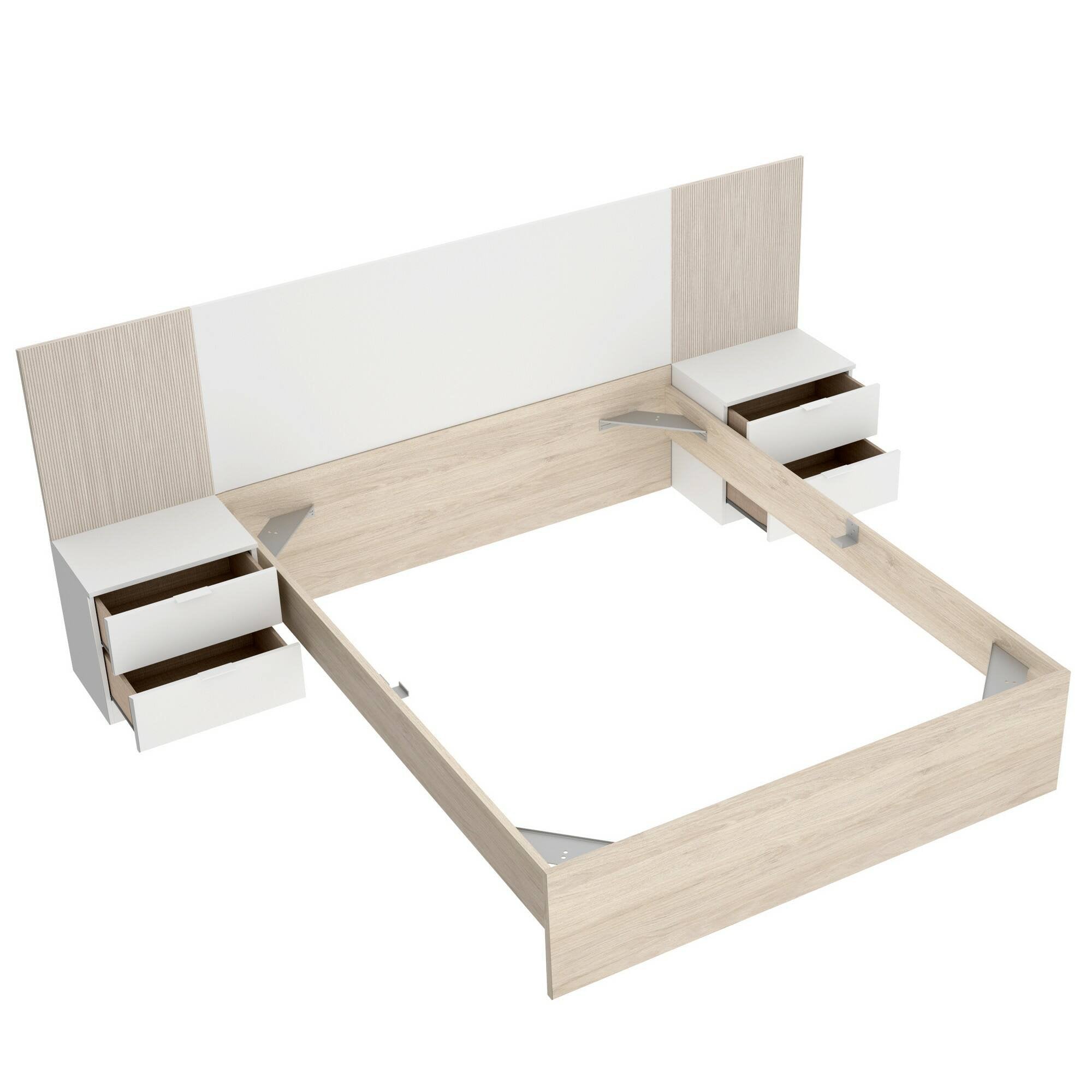 Letto alla franceseZoagli, Sommier per camera da letto, Giroletto per stanza, Struttura porta materasso, 259x195 h106 cm, Bianco e Rovere