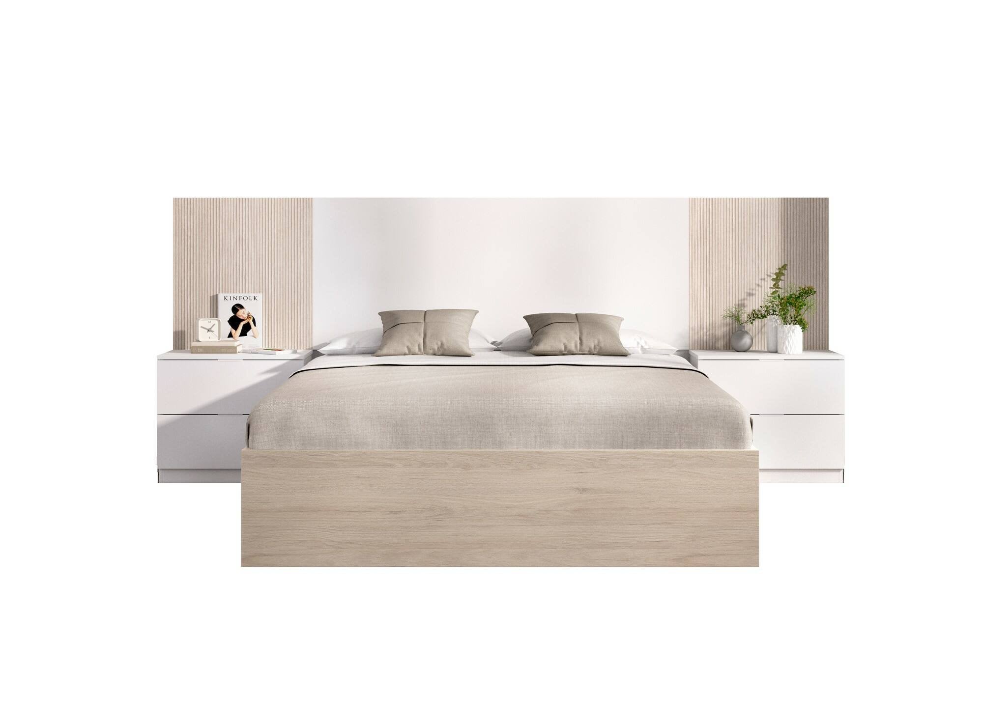 Letto alla franceseZoagli, Sommier per camera da letto, Giroletto per stanza, Struttura porta materasso, 259x195 h106 cm, Bianco e Rovere