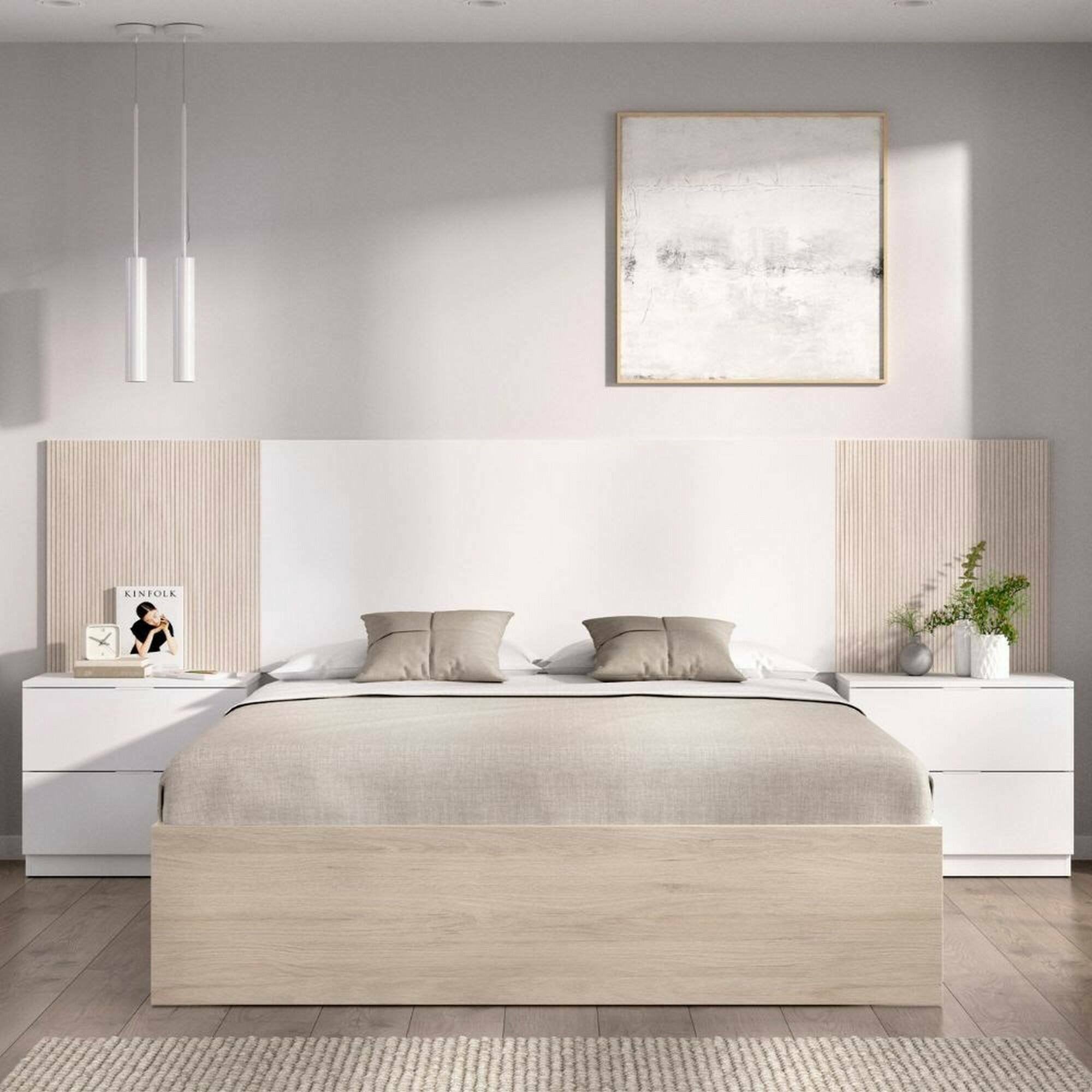 Letto alla franceseZoagli, Sommier per camera da letto, Giroletto per stanza, Struttura porta materasso, 259x195 h106 cm, Bianco e Rovere