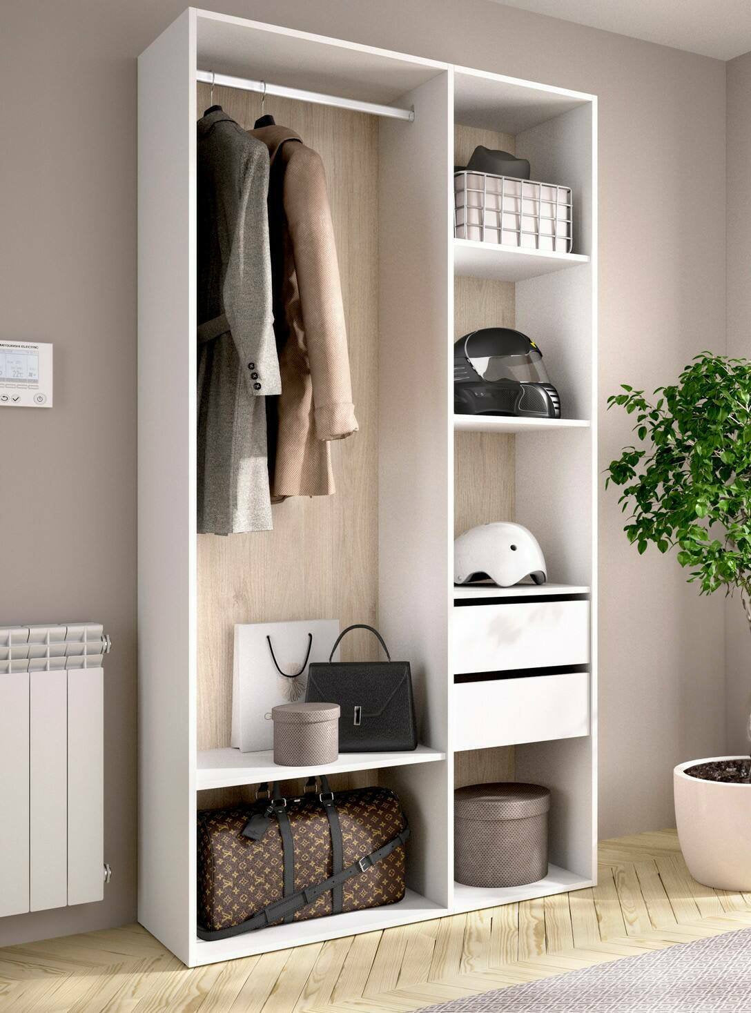 Guardaroba grande Maon, Mobile camera da letto, Cabina armadio portabiti, Armadio appendiabiti, 98x45 h205 cm, Bianco e Rovere