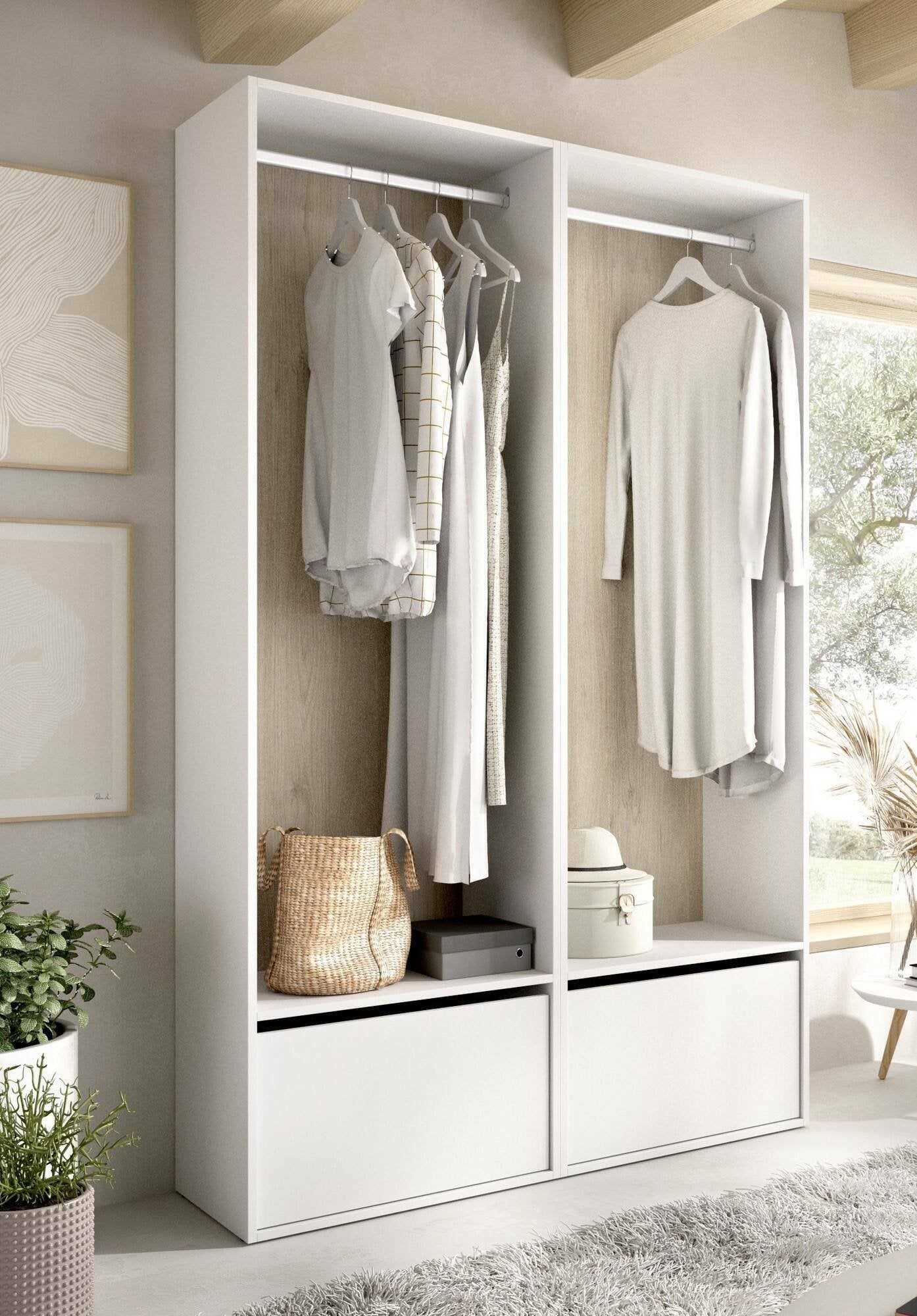 Guardaroba grande Pewa, Mobile camera da letto, Cabina armadio portabiti, Armadio appendiabiti, 120x45 h205 cm, Bianco e Rovere