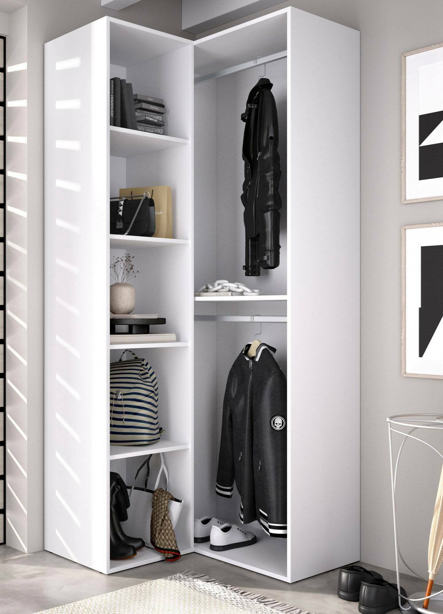 Guardaroba grande Anzino, Mobile camera da letto, Cabina armadio portabiti, Armadio appendiabiti, 85x85 h205 cm, Bianco e Rovere