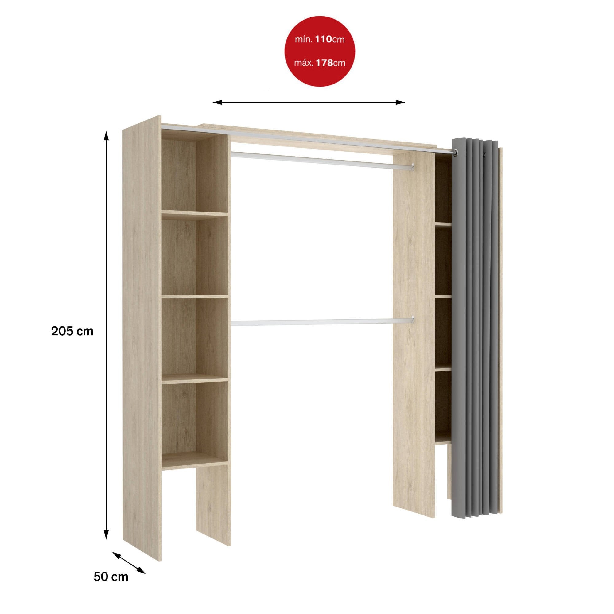 Guardaroba grande Caloy, Mobile camera da letto, Cabina armadio portabiti, Armadio appendiabiti, 180x50 h205 cm, Rovere