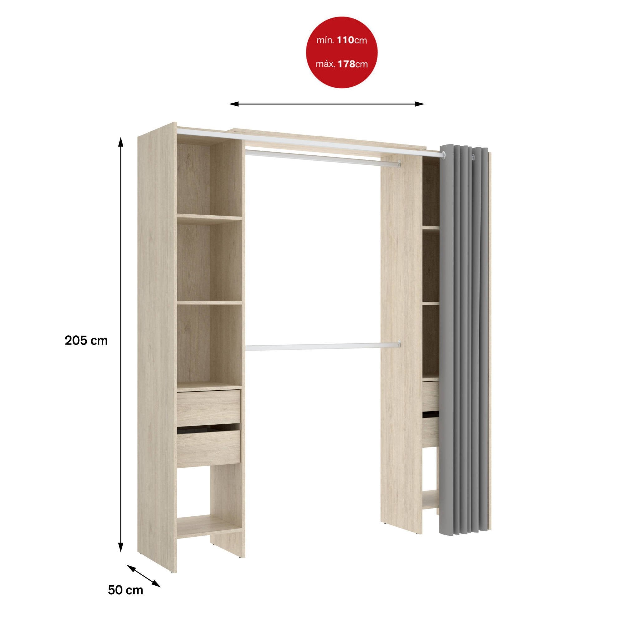 Guardaroba grande Olaf, Mobile camera da letto, Cabina armadio portabiti, Armadio appendiabiti, 180x50 h205 cm, Rovere