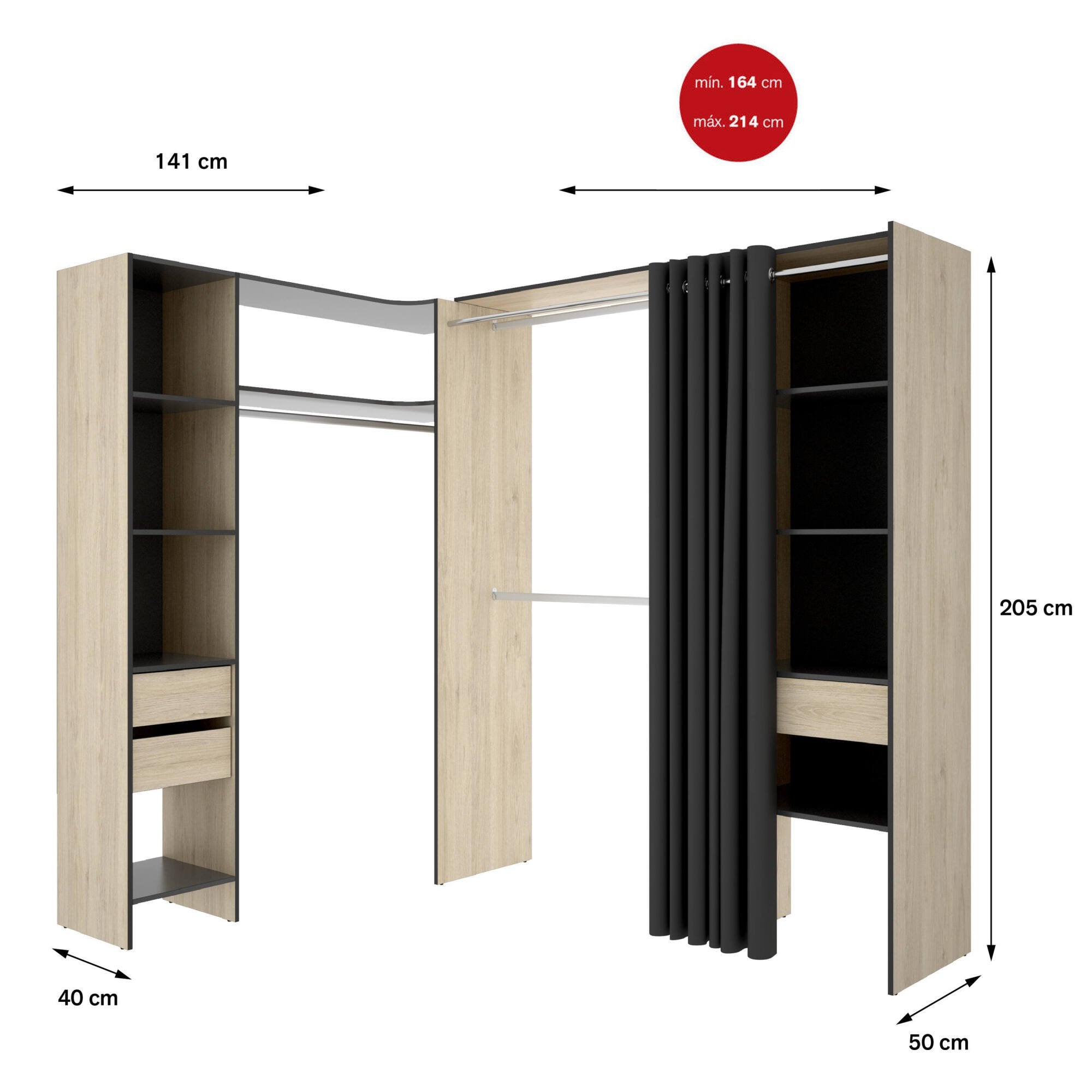 Guardaroba grande Pali, Mobile camera da letto, Cabina armadio portabiti, Armadio appendiabiti, 214x141 h205 cm, Antracite e Rovere
