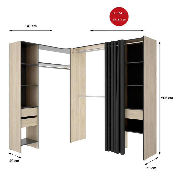 Guardaroba grande Pali, Mobile camera da letto, Cabina armadio portabiti, Armadio appendiabiti, 214x141 h205 cm, Antracite e Rovere