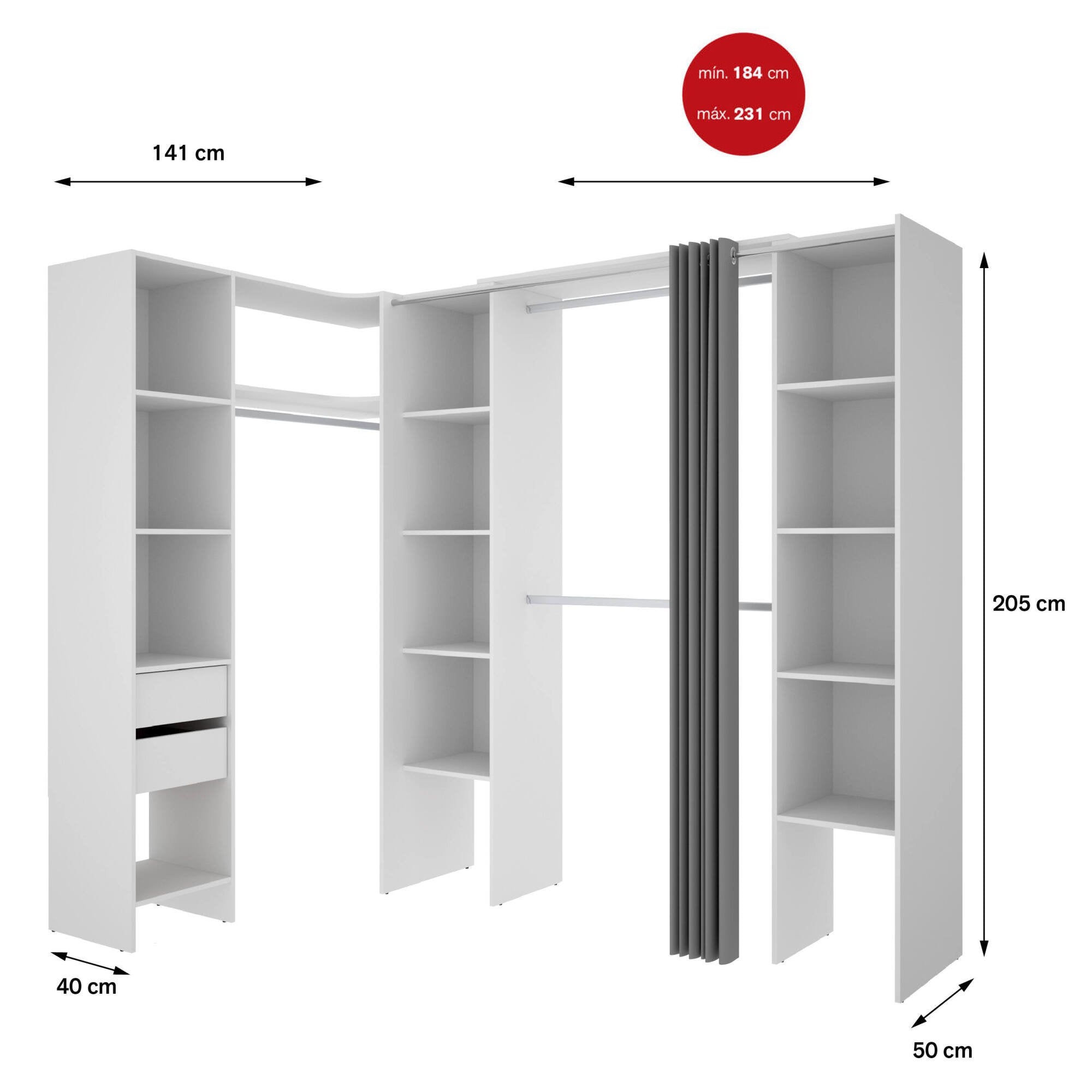 Guardaroba grande Dindo, Mobile camera da letto, Cabina armadio portabiti, Armadio appendiabiti, 234x141 h205 cm, Bianco