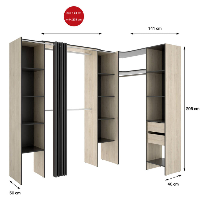 Guardaroba grande Dindo, Mobile camera da letto, Cabina armadio portabiti, Armadio appendiabiti, 234x141 h205 cm, Antracite e Rovere