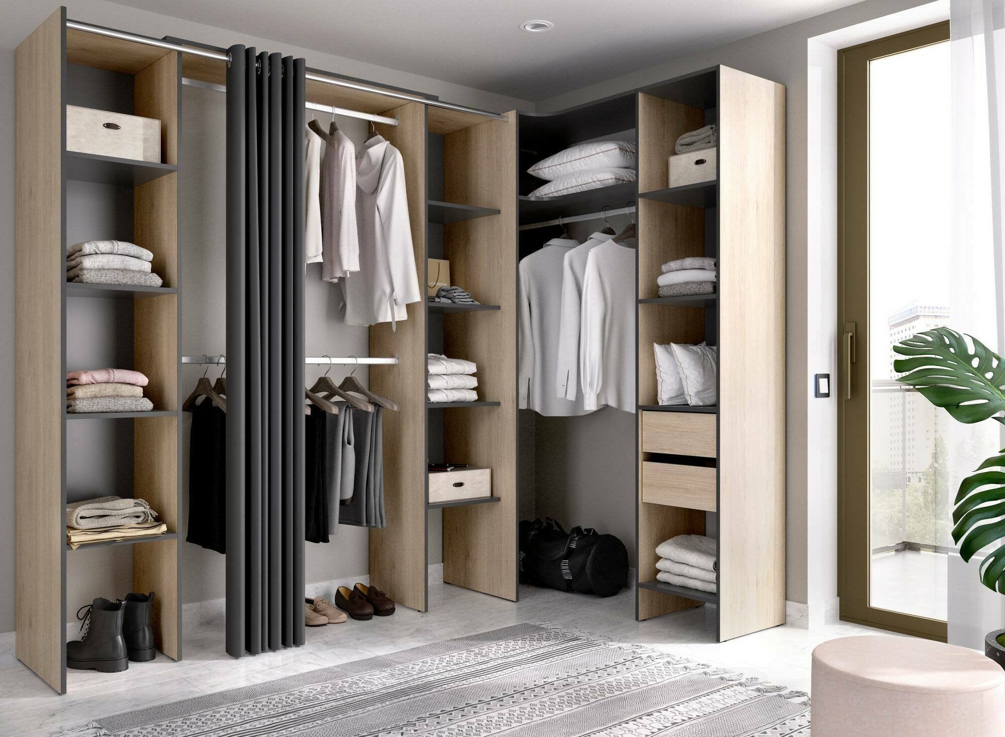 Guardaroba grande Dindo, Mobile camera da letto, Cabina armadio portabiti, Armadio appendiabiti, 234x141 h205 cm, Antracite e Rovere