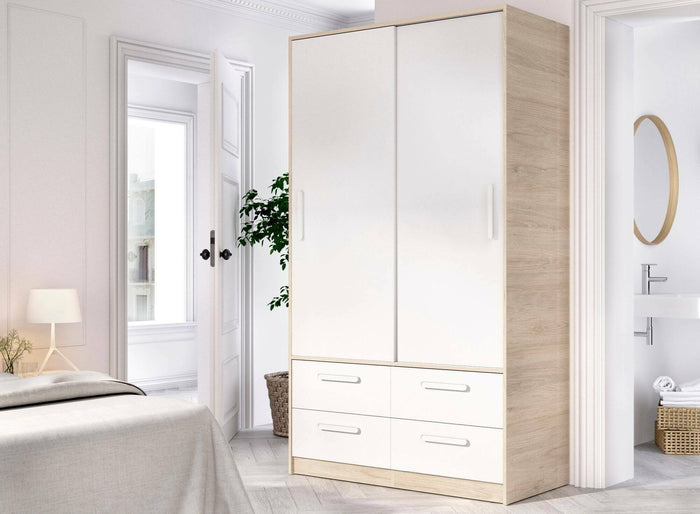 Guardaroba 2 ante Kirogi, Mobile camera da letto, Cabina armadio portabiti, Armadio appendiabiti, 120x60 h204 cm, Bianco e Rovere