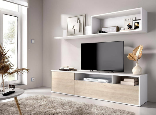 Parete attrezzata Jelawat, Composizione soggiorno, Mobile salotto multiuso, Armadio porta TV, 180x35 h44 cm, Bianco e Rovere