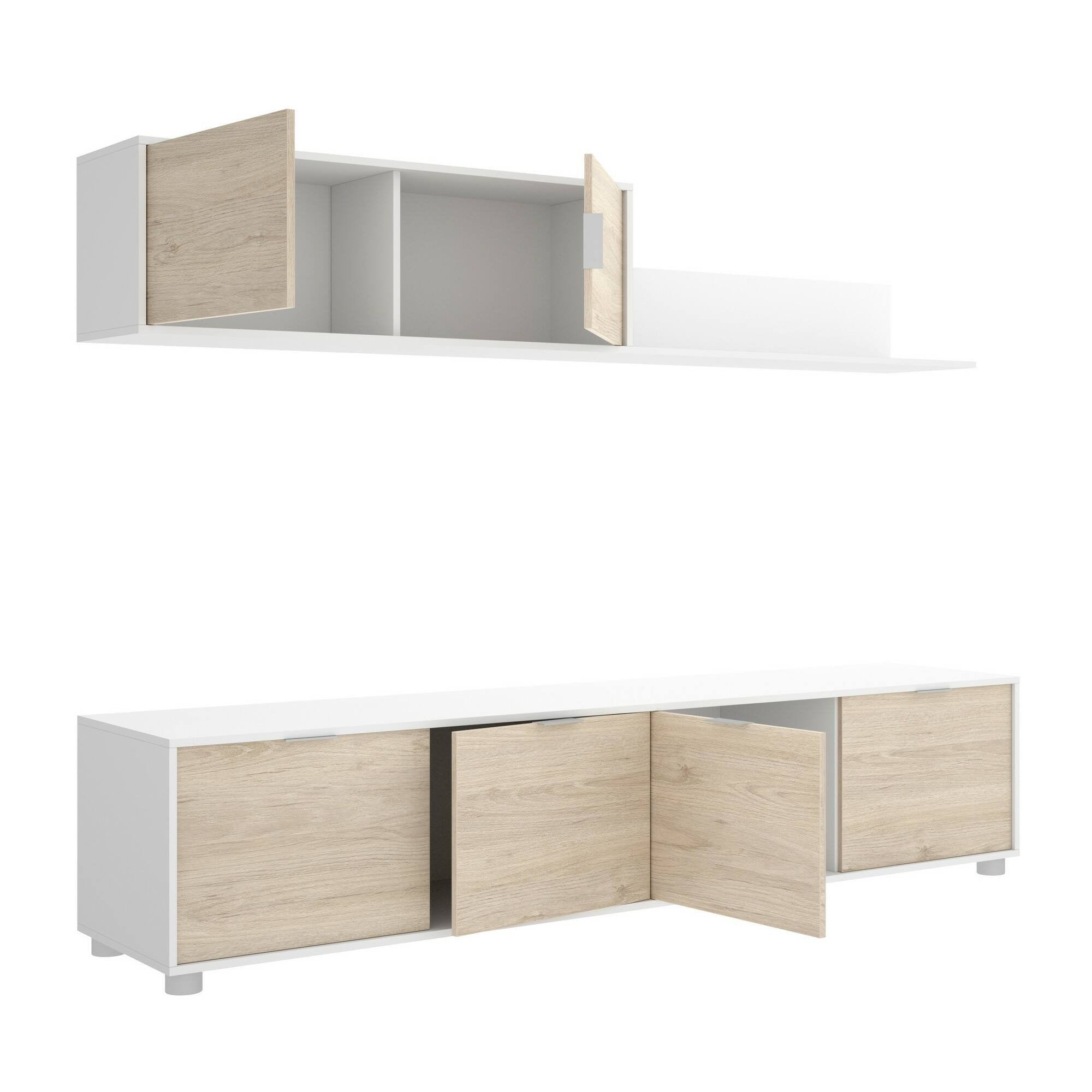 Parete attrezzata Winnie, Composizione soggiorno, Mobile salotto multiuso, Armadio porta TV, 200x40 h43 cm, Bianco e Rovere