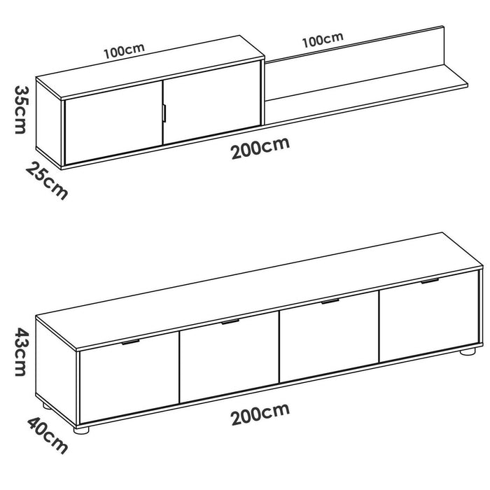Parete attrezzata Winnie, Composizione soggiorno, Mobile salotto multiuso, Armadio porta TV, 200x40 h43 cm, Bianco e Rovere