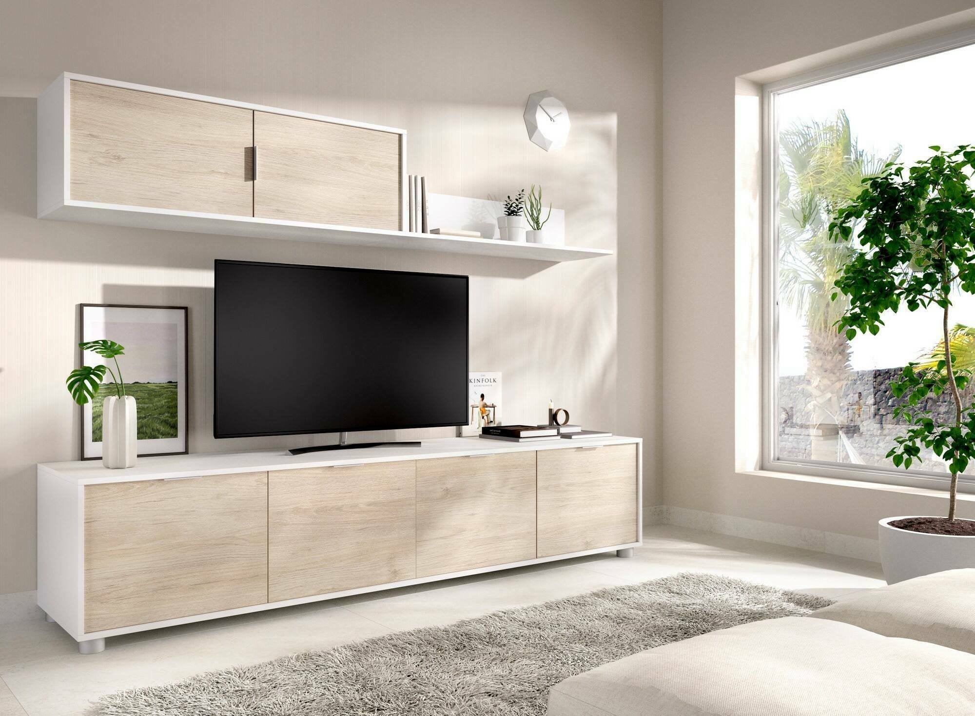 Parete attrezzata Winnie, Composizione soggiorno, Mobile salotto multiuso, Armadio porta TV, 200x40 h43 cm, Bianco e Rovere