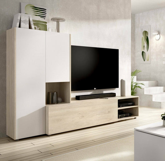 Parete attrezzata Abrino, Composizione soggiorno, Mobile salotto multiuso, Armadio porta TV, 227x40 h141 cm, Bianco e Rovere