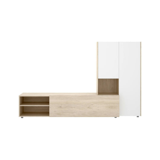 Parete attrezzata Abrino, Composizione soggiorno, Mobile salotto multiuso, Armadio porta TV, 227x40 h141 cm, Bianco e Rovere