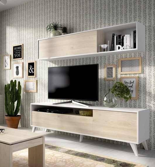 Parete attrezzata Arusha, Composizione soggiorno, Mobile salotto multiuso, Armadio porta TV, 180x41 h180 cm, Bianco e Rovere