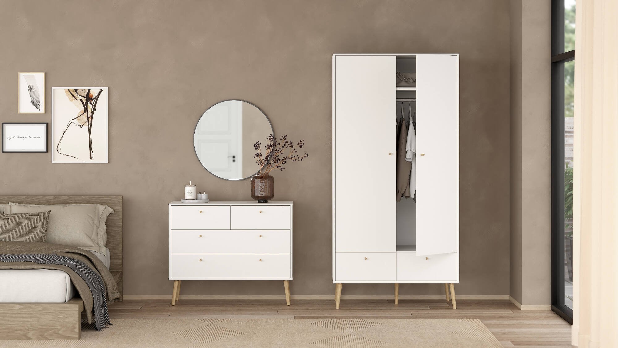 Guardaroba 2 ante Kahina, Mobile camera da letto, Cabina armadio portabiti, Armadio appendiabiti, 99x58 h200 cm, Bianco