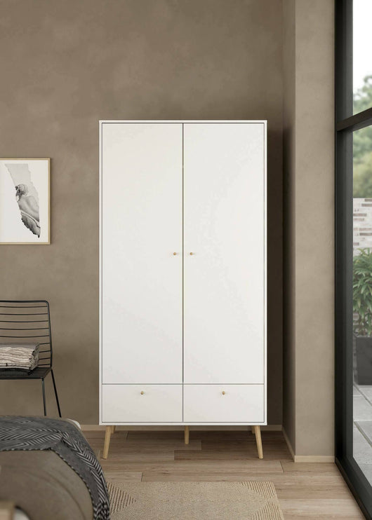 Guardaroba 2 ante Kahina, Mobile camera da letto, Cabina armadio portabiti, Armadio appendiabiti, 99x58 h200 cm, Bianco