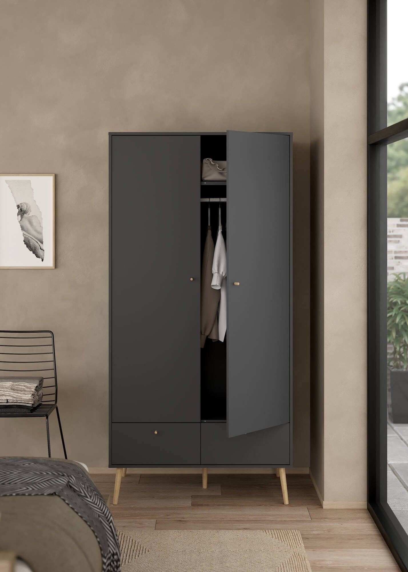 Guardaroba 2 ante Kahina, Mobile camera da letto, Cabina armadio portabiti, Armadio appendiabiti, 99x58 h200 cm, Grigio