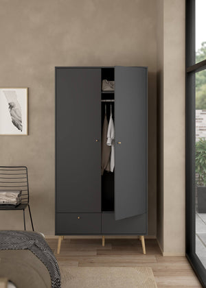 Guardaroba 2 ante Kahina, Mobile camera da letto, Cabina armadio portabiti, Armadio appendiabiti, 99x58 h200 cm, Grigio