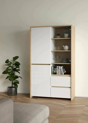 Vetrina Reykjavik, Credenza espositiva, Vetrinetta multiuso, Madia da soggiorno, 100x48 h170 cm, Rovere e Bianco lucido