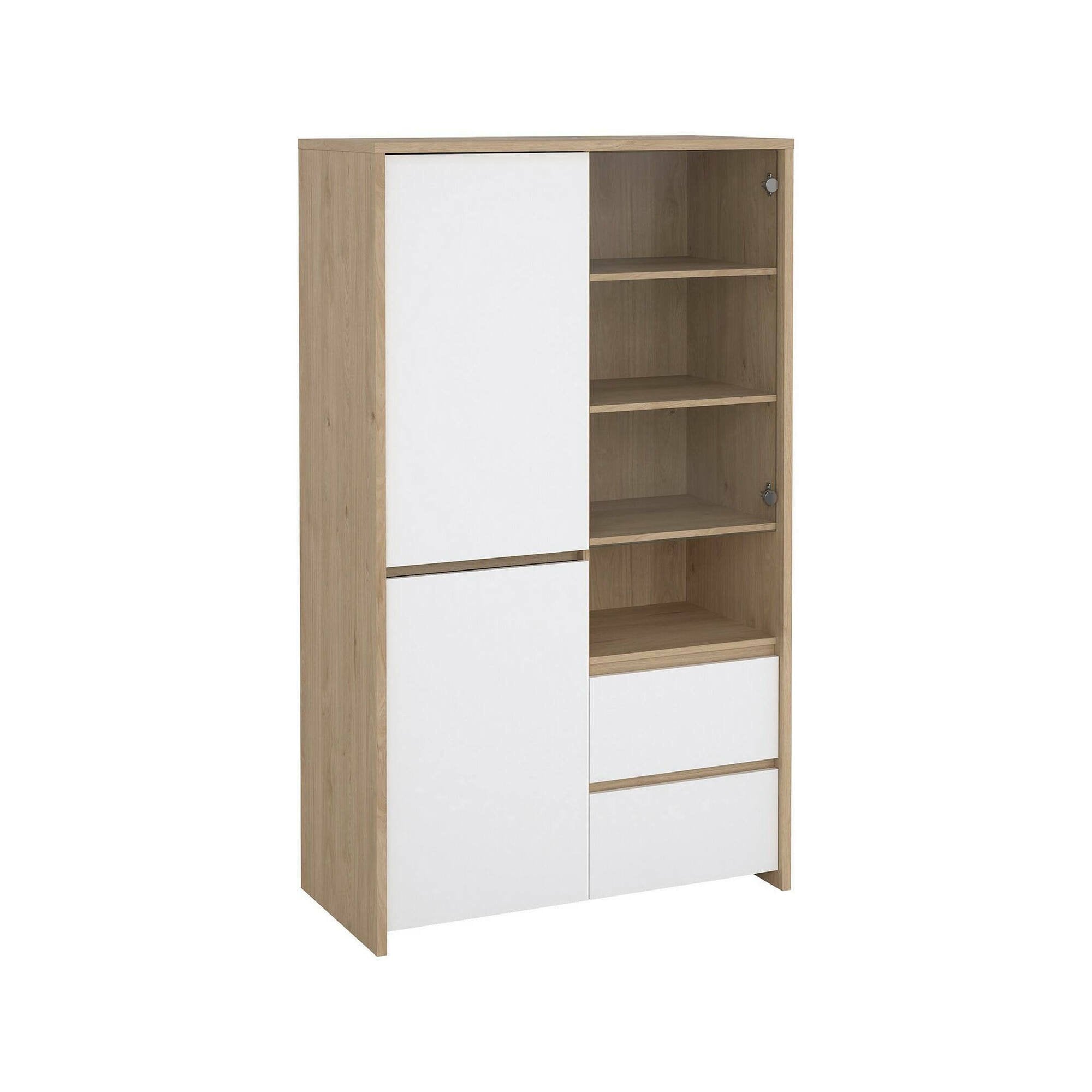 Vetrina Reykjavik, Credenza espositiva, Vetrinetta multiuso, Madia da soggiorno, 100x48 h170 cm, Rovere e Bianco lucido