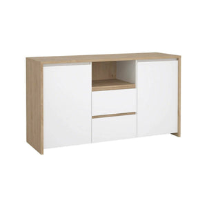 Credenza Alalngar, Buffet da soggiorno, Madia da salotto, Dispensa da cucina, 149x48 h84 cm, Rovere e Bianco lucido