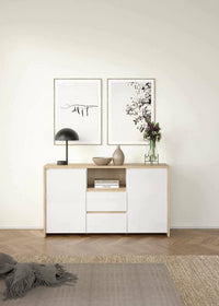 Credenza Alalngar, Buffet da soggiorno, Madia da salotto, Dispensa da cucina, 149x48 h84 cm, Rovere e Bianco lucido
