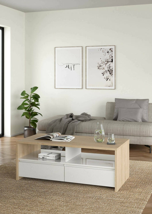 Tavolino da salotto Shote, Tavolo basso da caffè, Portariviste per divano, Ripiano da soggiorno, 120x60 h46 cm, Rovere e Bianco lucido