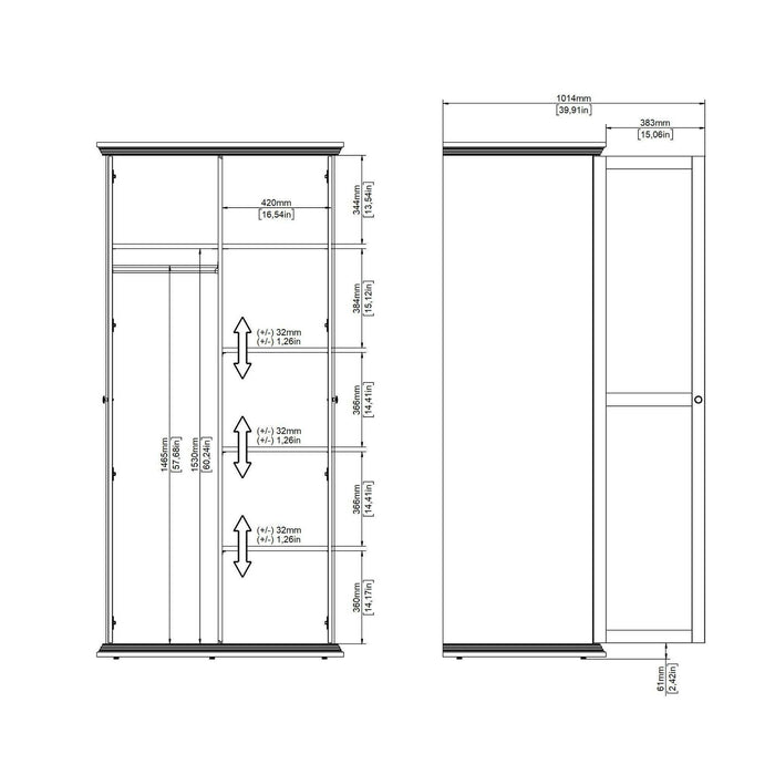 Guardaroba 2 ante Darby, Mobile camera da letto, Cabina armadio portabiti, Armadio appendiabiti, 96x63 h200 cm, Bianco