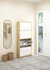 Scarpiera Epidoto, Mobile portascarpe, Armadio da ingresso multiuso, Mobiletto per calzature, 70x24 h162 cm, Quercia e Bianco lucido