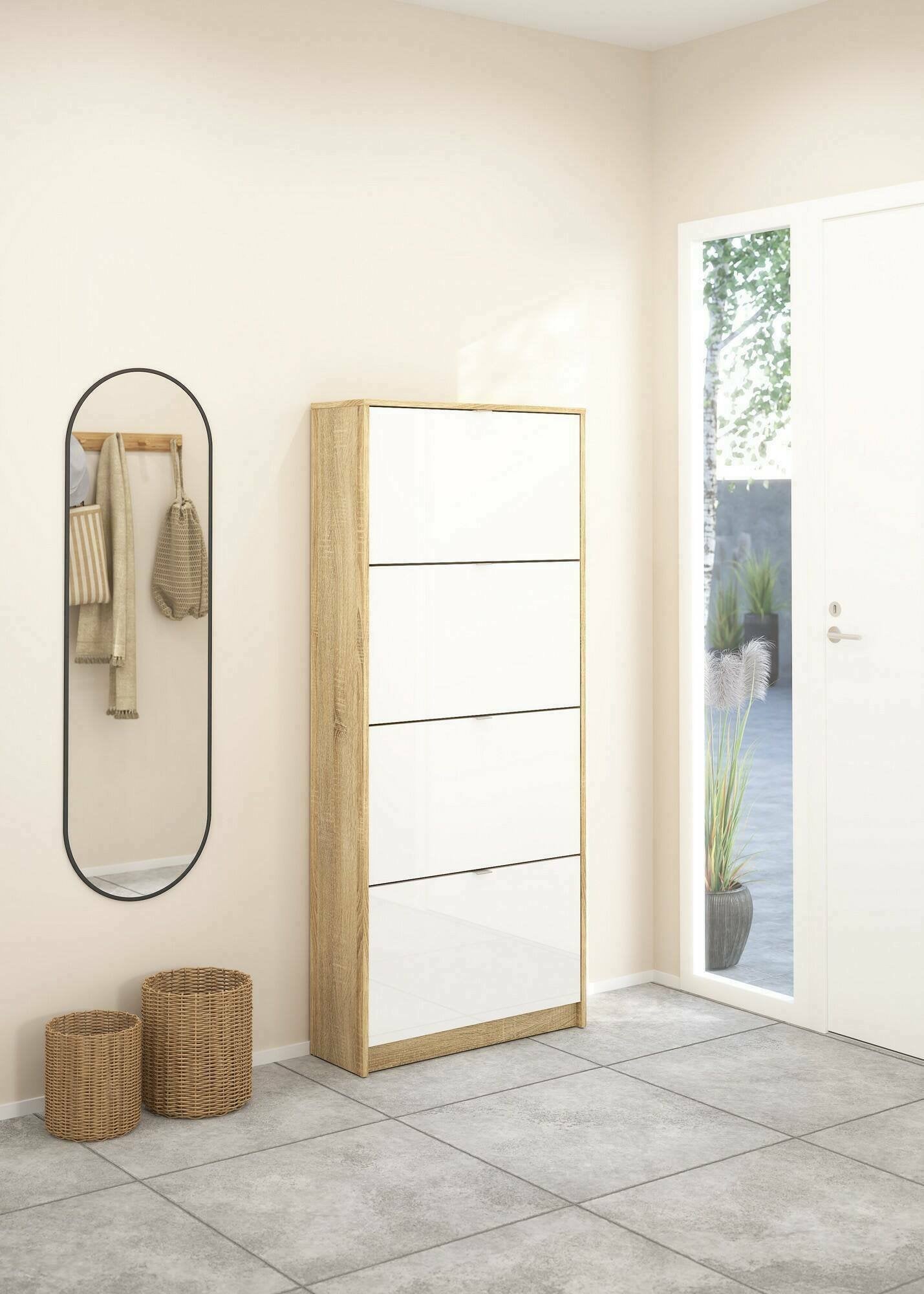 Scarpiera Epidoto, Mobile portascarpe, Armadio da ingresso multiuso, Mobiletto per calzature, 70x24 h162 cm, Quercia e Bianco lucido
