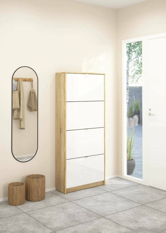 Scarpiera Epidoto, Mobile portascarpe, Armadio da ingresso multiuso, Mobiletto per calzature, 70x24 h162 cm, Quercia e Bianco lucido