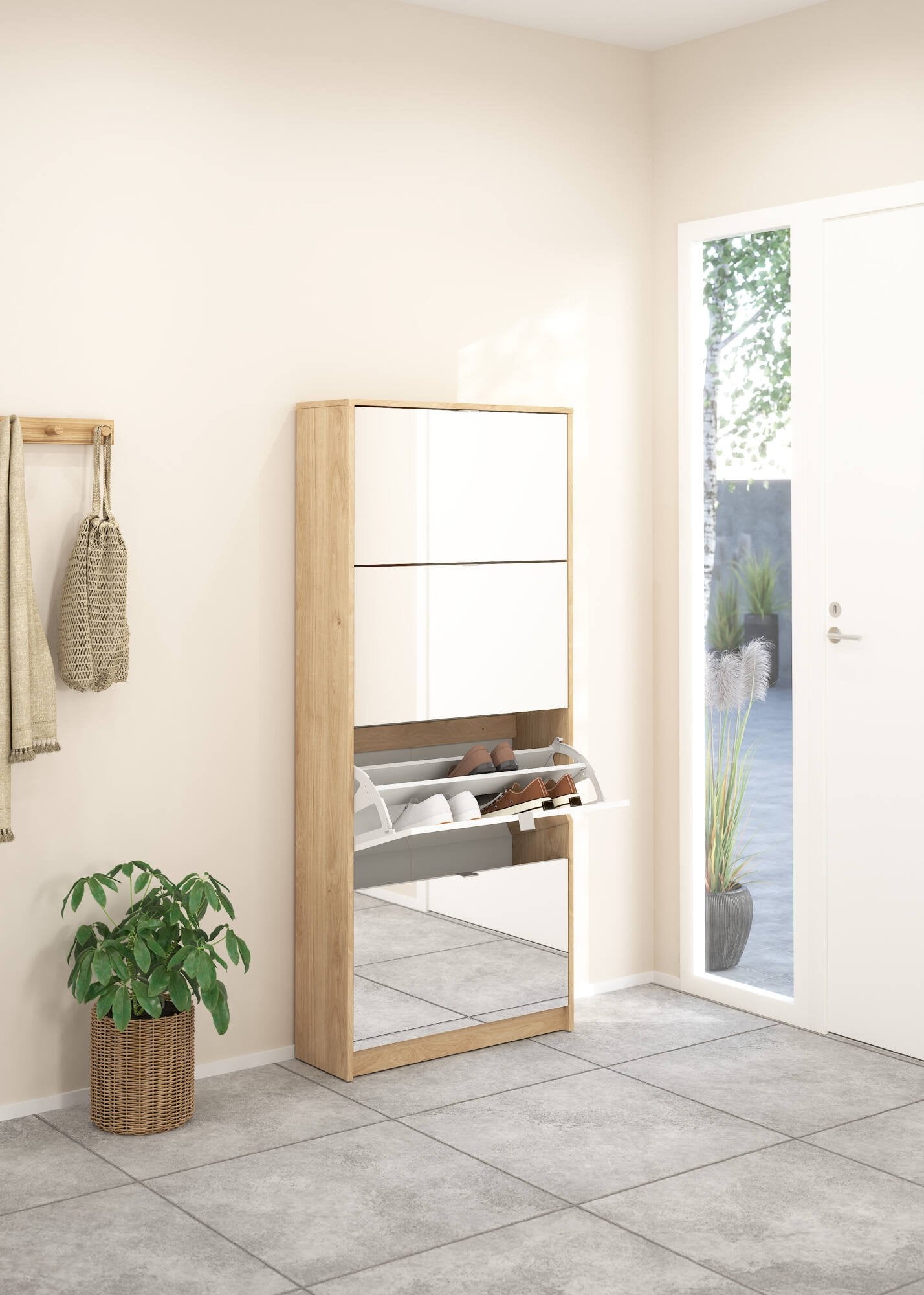 Scarpiera Aepytus, Mobile portascarpe, Armadio da ingresso multiuso, Mobiletto per calzature, 70x24 h162 cm, Rovere