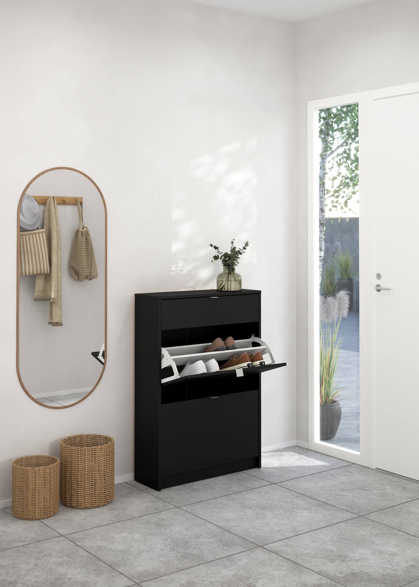 Scarpiera Theophile, Mobile portascarpe, Armadio da ingresso multiuso, Mobiletto per calzature, 70x24 h101 cm, Nero